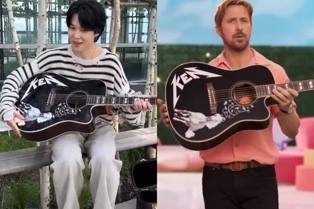 Ryan Gosling Memberikan Gitar Ken di Film Barbie ke Jimin Member BTS (Sumber foto : Kpop Chart)