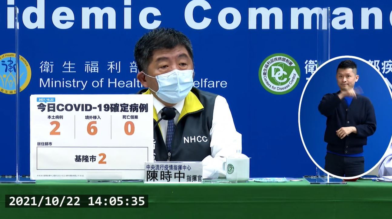 Ngày 22/10 Đài Loan tăng thêm 2 ca lây nhiễm COVID-19 nội địa, 6 ca lây nhiễm từ nước ngoài, không có ca tử vong. (Ảnh: trích dẫn từ họp báo của Sở Kiểm soát dịch bệnh Đài Loan)