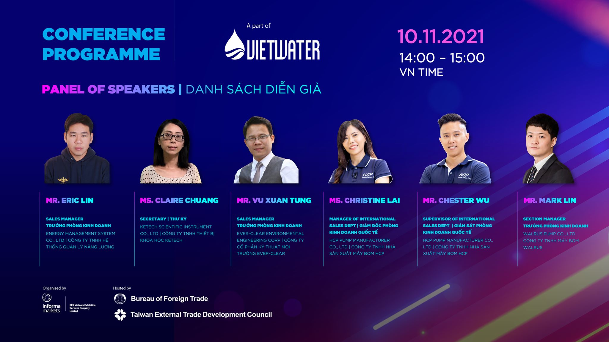 Taiwan Excellence tổ chức hội thảo trực tuyến “Hướng tới Ngành nước 4.0” với sự góp mặt của đại diện cấp cao tới từ 5 thương hiệu Đài Loan: EMS, Ketech, Ever-Clear, HCP Pump và Walrus Pump. (Nguồn ảnh: Facebook Vietwater Expo & Forum)
