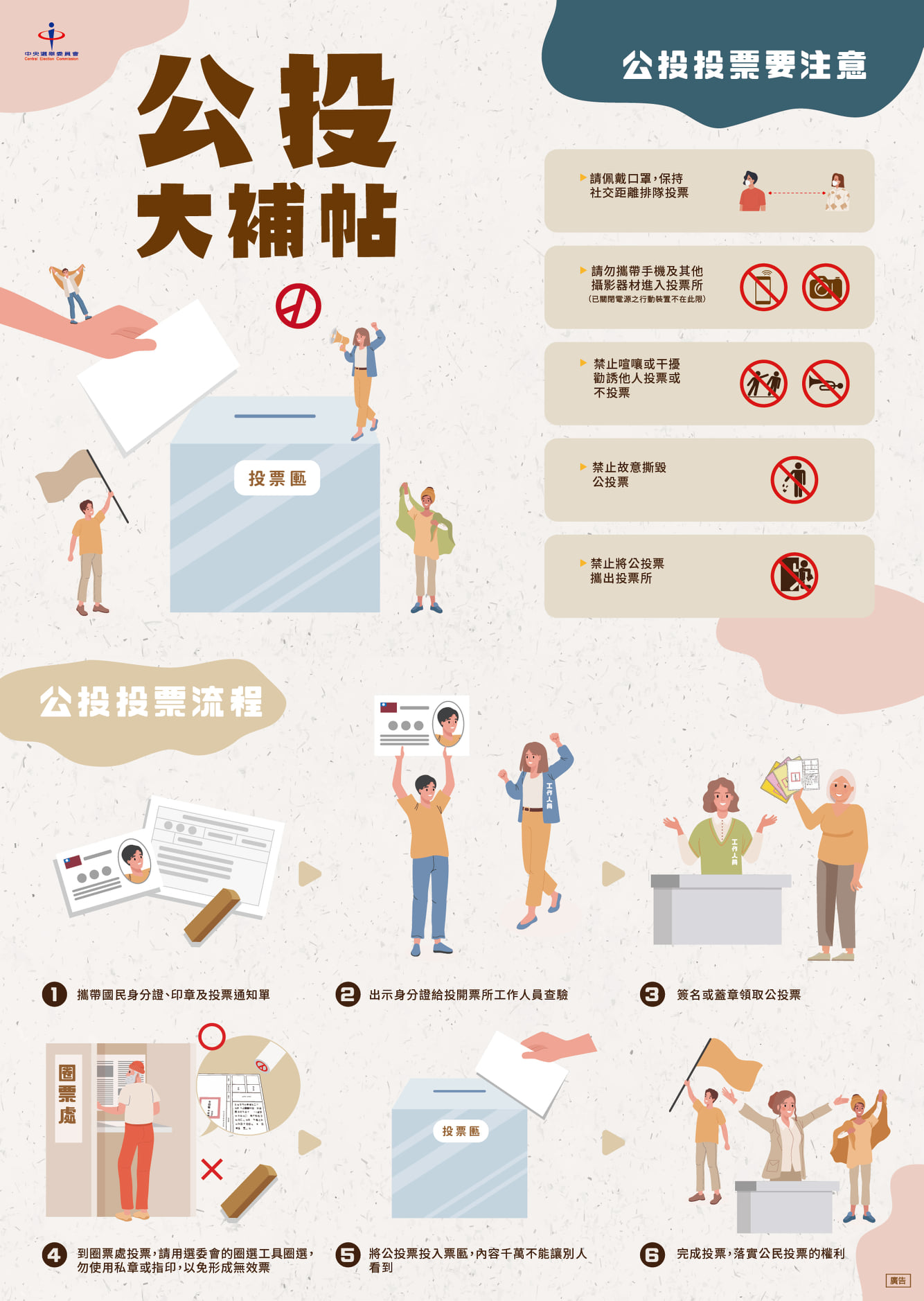 Selain video, Komite Pemilihan Umum Pusat juga membuat poster dalam bahasa Mandarin dan 7 bahasa asing lainnya.  Sumber: Komite Pemilihan Umum Pusat (中選會)