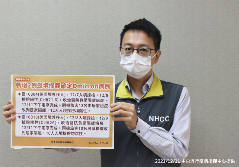Hiên Đài Loan đã có 3 ca lây nhiễm biến thể Omicron. (Nguồn ảnh: Trung tâm Chỉ huy và phòng chống dịch bệnh Trung ương Đài Loan)