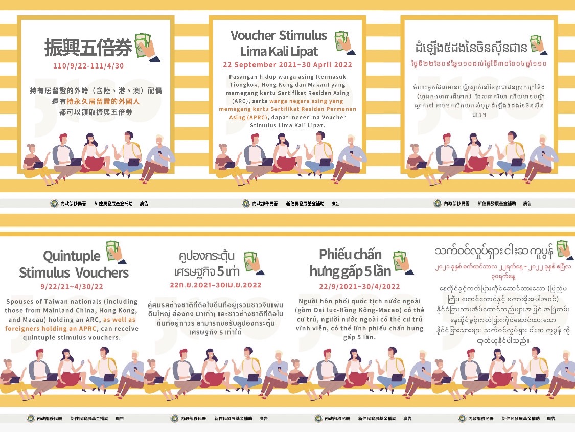 Penjelasan tentang kupon 5X dalam bahasa Mandarin, Inggris, Indonesia, Kamboja, Thai, Vietnam dan Myanmar disediakan oleh departemen Imigrasi. Sumber: Diambil dari stasiun layanan New Taipei