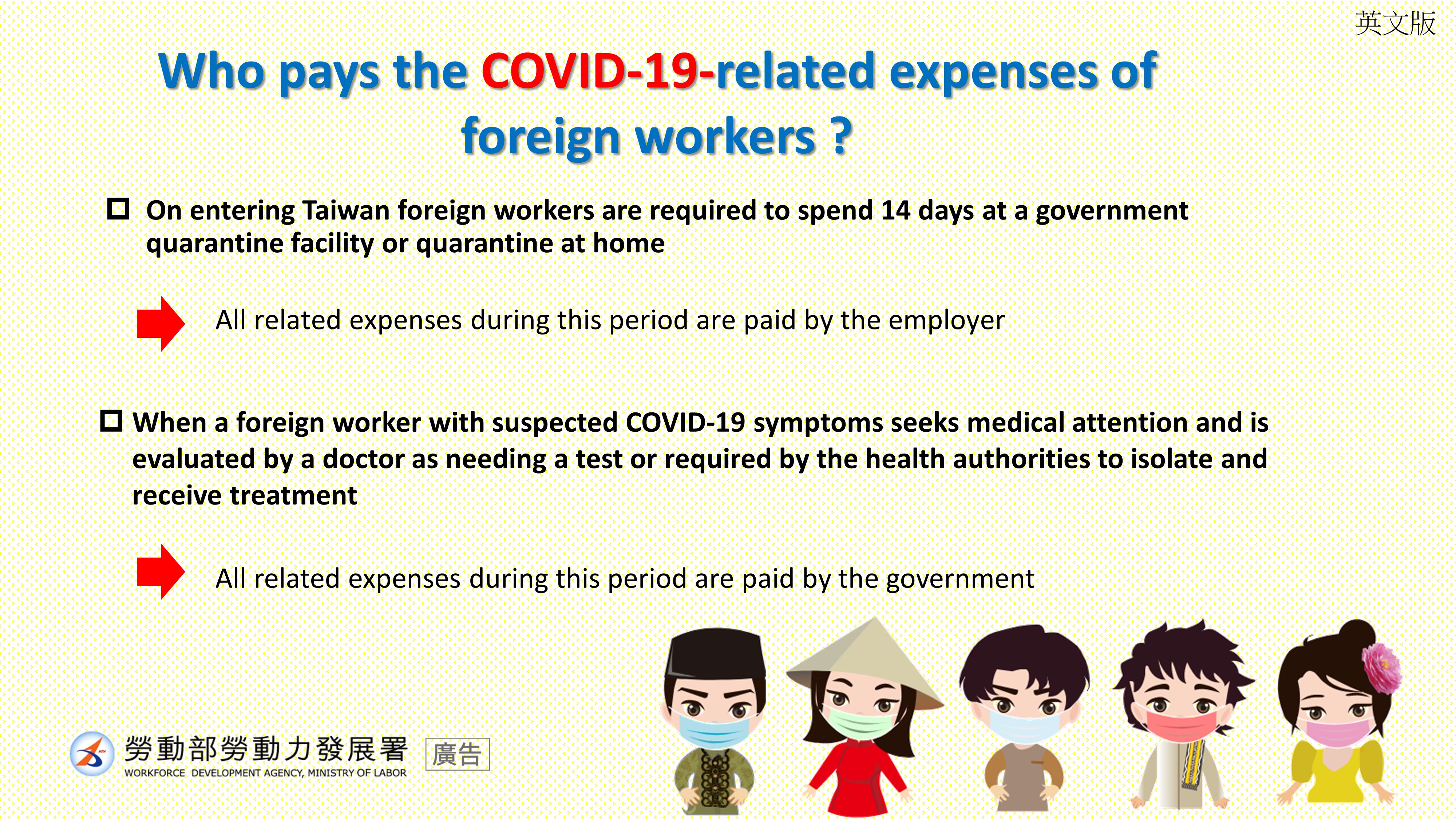 Information on COVID-19 related expenses for migrant workers. Photo/Provided by Taichung Labor Affairs Bureau
