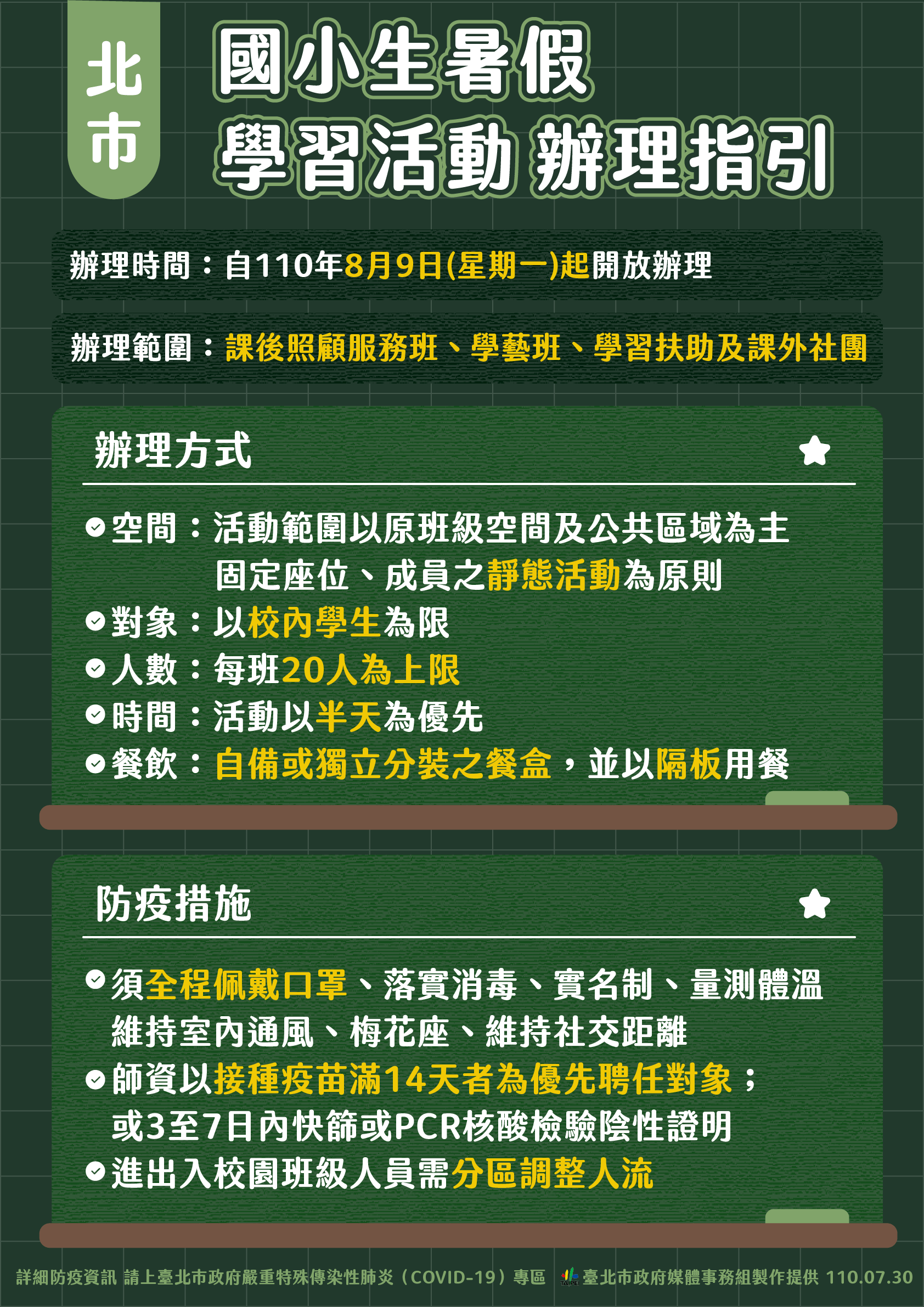 Ketentuan-ketentuan wajib terkait penyelenggaraan kegiatan musim panas bagi murid tingkat SD. Sumber: Pemerintah Kota Taipei