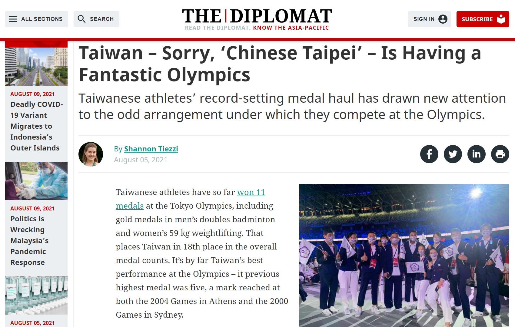 外交家雜誌讚台灣選手勇敢表明來自台灣。 圖／翻攝自《外交家》