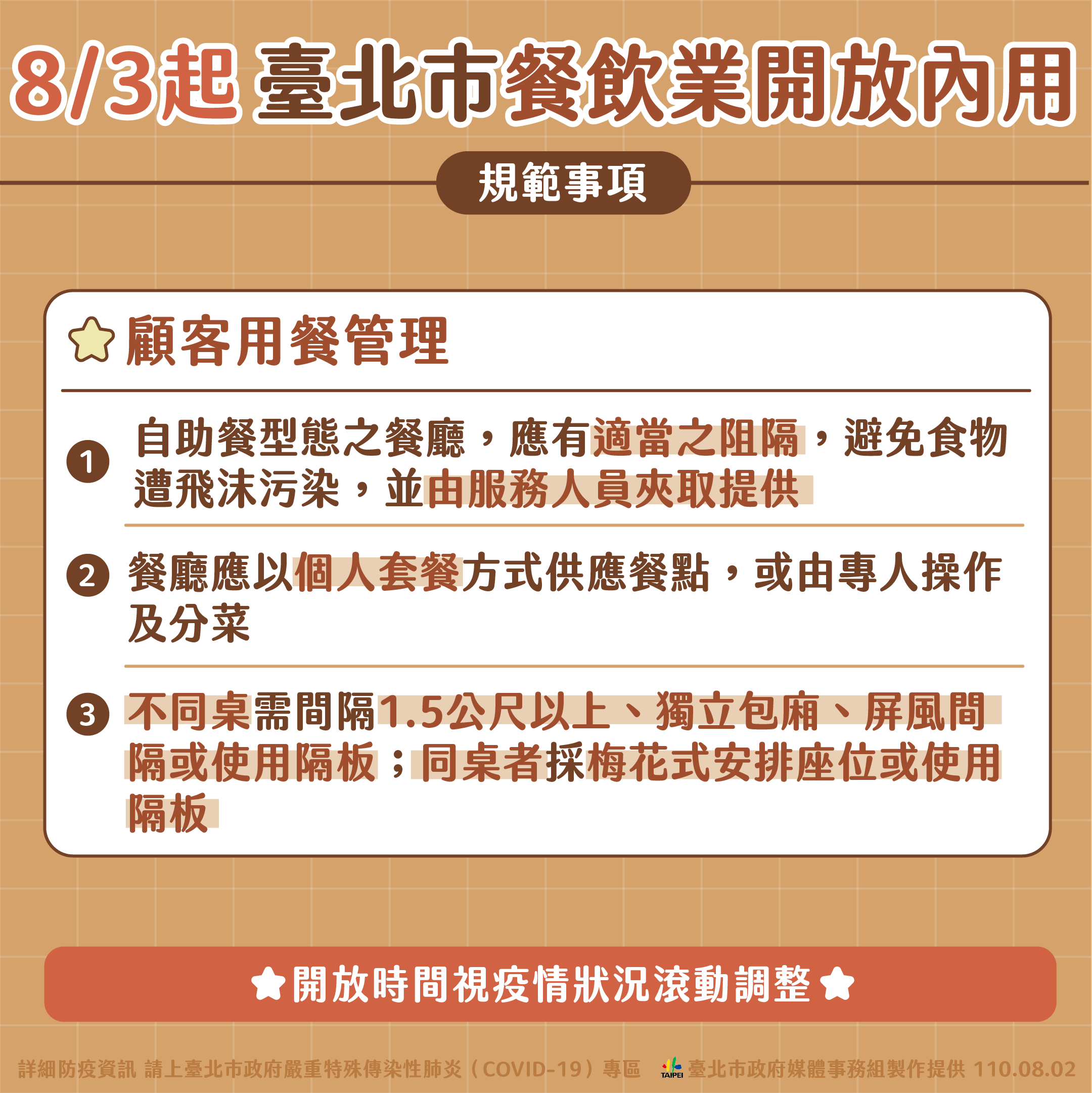 Pengumuman terkait ketentuan makan dalam restoran. Denda maksimal bagi pelanggar ketentuan-ketentuan ini akan dikenakan denda, maksimal sebesar 15 ribu NTD. Sumber: Pemerintah Kota Taipei