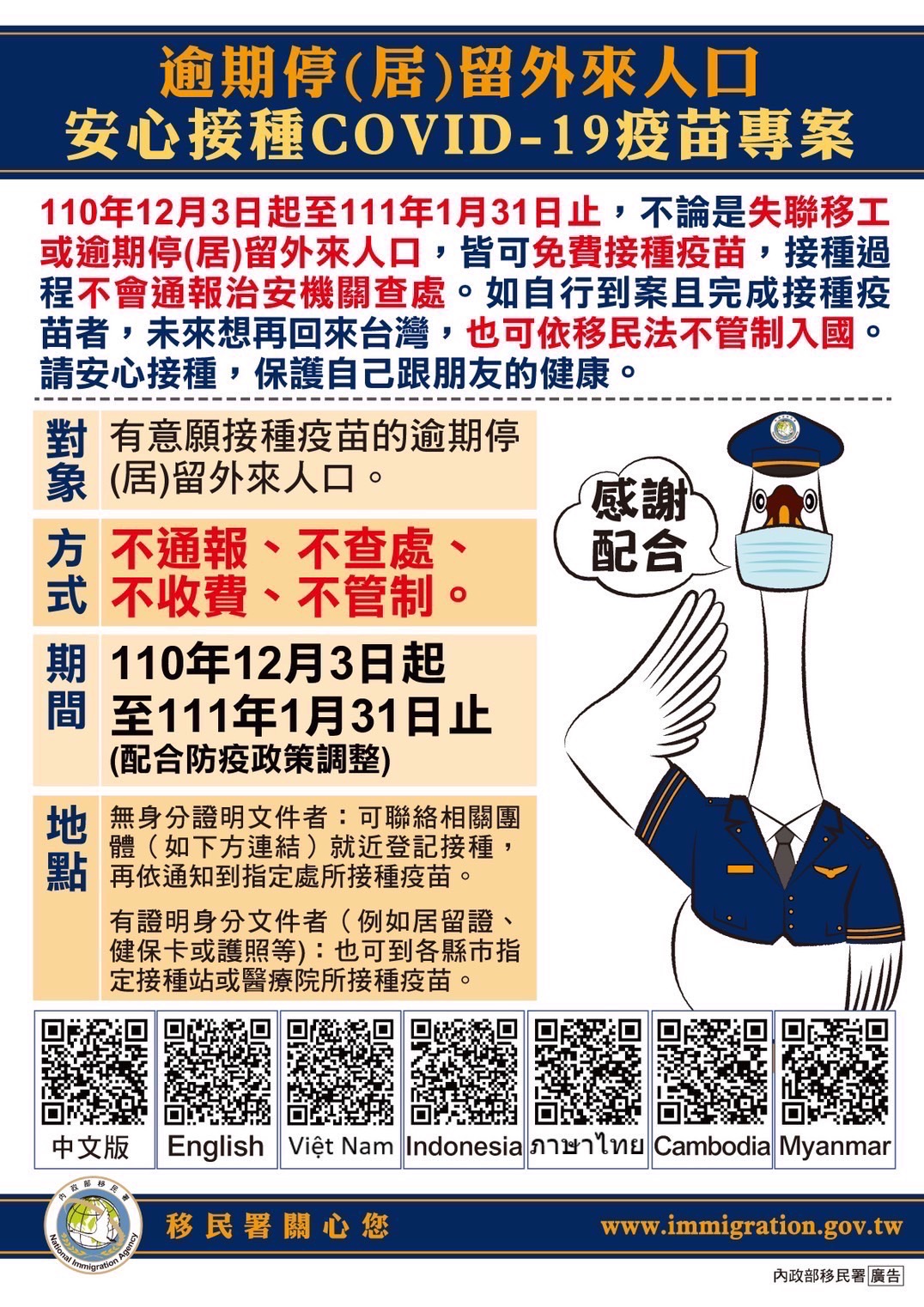 Sở Di dân Đài Loan triển khai chuyên án “Người nước ngoài an tâm tiêm chủng vắc-xin ngừa COVID-19” với tiêu chí: không thông báo, không điều tra, không thu phí, không quản chế. (Nguồn ảnh: Đội Đặc nhiệm thành phố Cao Hùng)