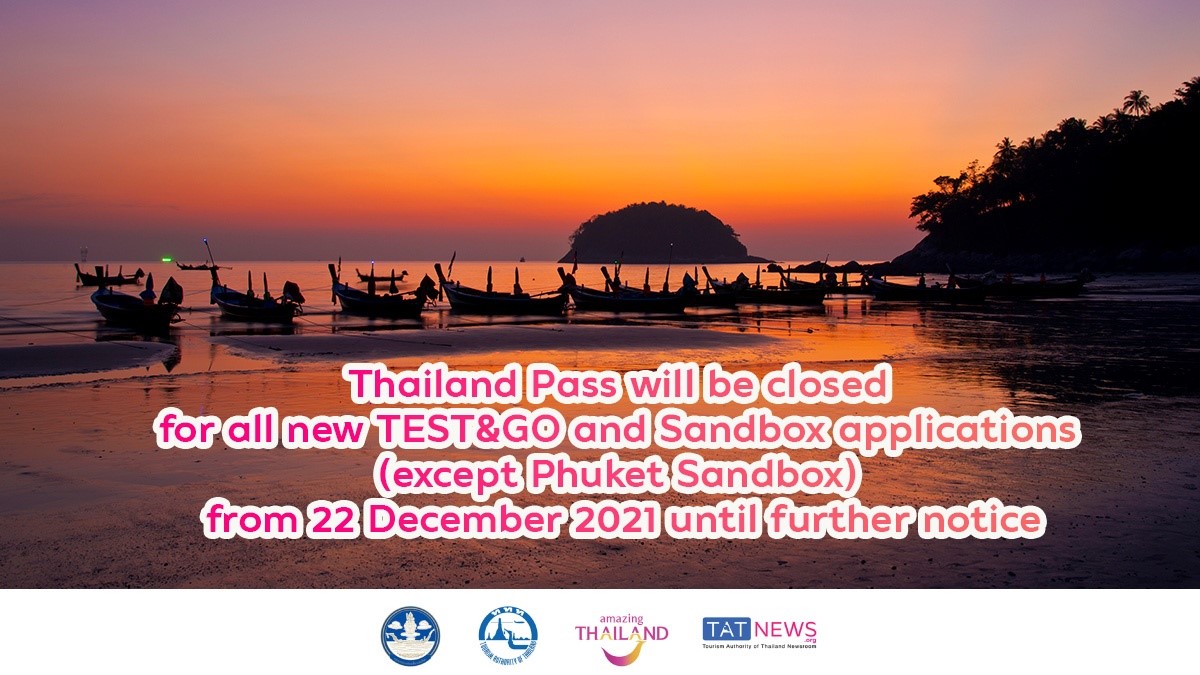 泰國 COVID-19 情況管理中心 (CCSA)下令暫時暫停所有新的 TEST&GO 和 Sandbox 應用程序（普吉島 Sandbox 除外）的泰國通行證。（圖／泰國觀光局臺灣辦事處提供）