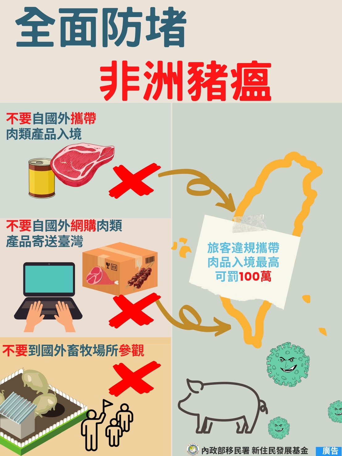 Không mang các sản phẩm thịt vào Đài Loan, tránh vi phạm pháp luật và gây tổn hại cho ngành chăn nuôi lợn của Đài Loan. (Nguồn ảnh: Đội Đặc nhiệm của Sở Di dân tại Cao Hùng)