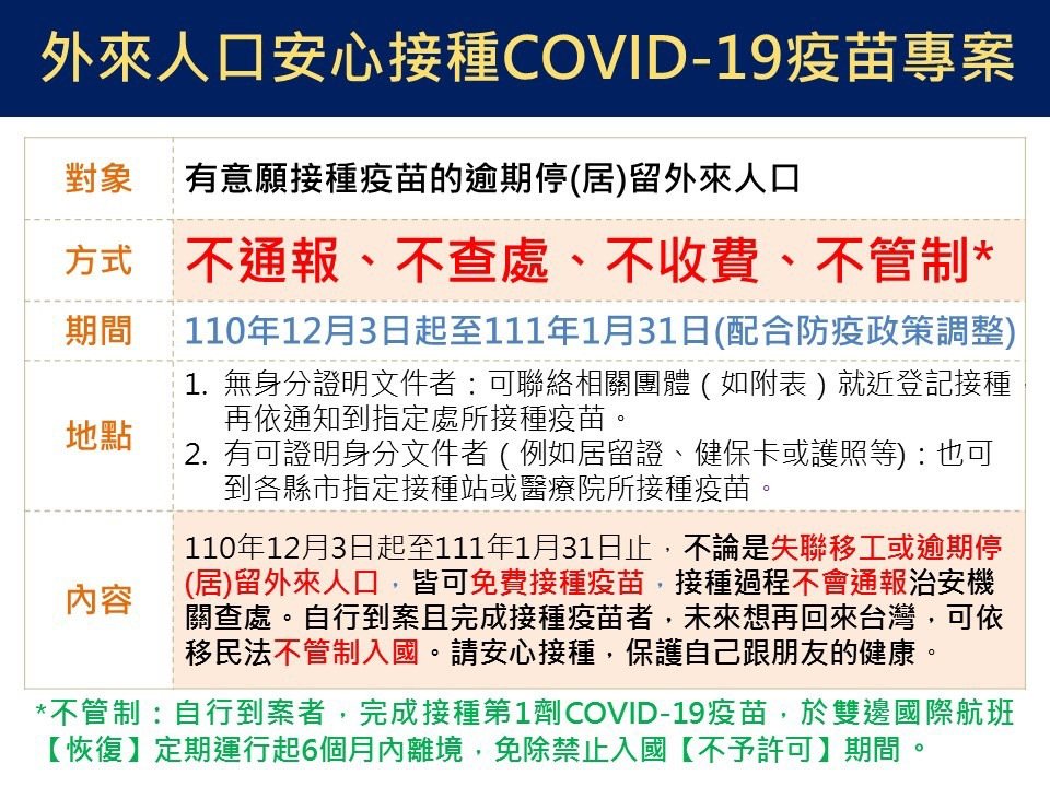 Departemen Imigrasi mempromosikan "Proyek Vaksinasi COVID-19 yang Didanai Publik untuk Penduduk Asing". Sumber: Departemen Imigrasi