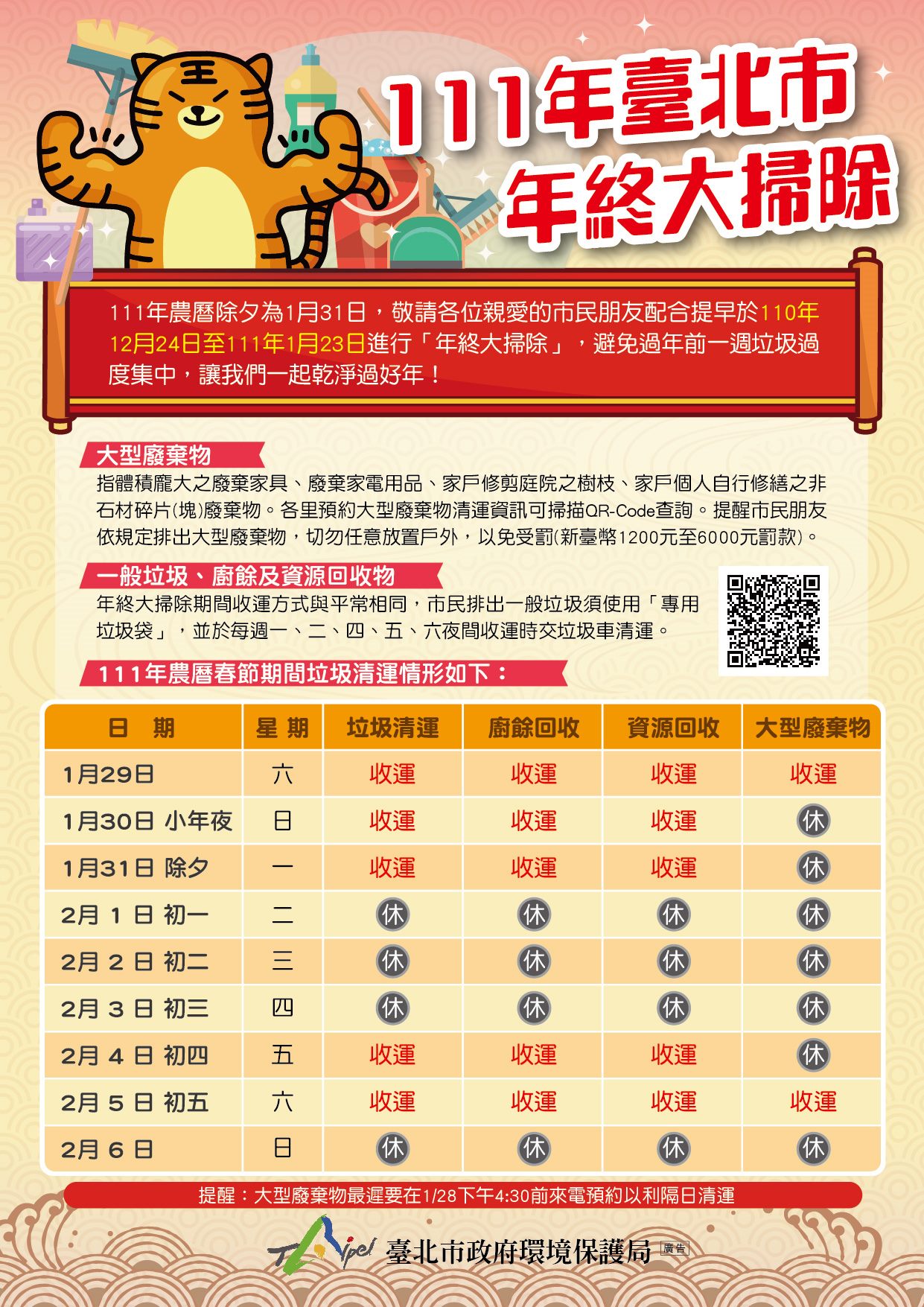 Buổi trưa và đêm giao thừa (ngày 31/1 dương lịch) sẽ tăng thêm các chuyến xe thu gom rác và tạm dừng từ mùng 1 đến mùng 3 Tết. (Nguồn ảnh: Cục Bảo vệ Môi trường của chính quyền thành phố Đài Bắc)