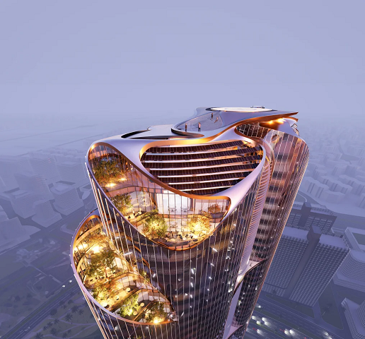 The developer intends to power the 240-meter high tower with hydrogen, supplemented by solar panels, as shown at the top of this rendering of the design.  Courtesy Magnom Properties/AS+GG