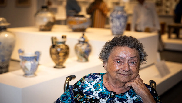 Artist Magdalena Suarez Frimkess, 95, at her first major solo exhibition "The Finest Regard" at LACMA. On display are ceramics, paintings and drawings made by the Venezuela-born artist over her 50-year career.  Allen J. Schaben/Los Angeles Times/Getty Images