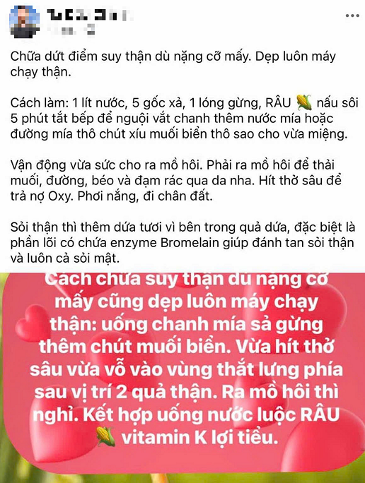 Bài đăng chữa suy thận bằng uống nước chanh, mía, sả, gừng thêm muối biển thu hút sự chú ý trên mạng xã hội - Ảnh chụp màn hình