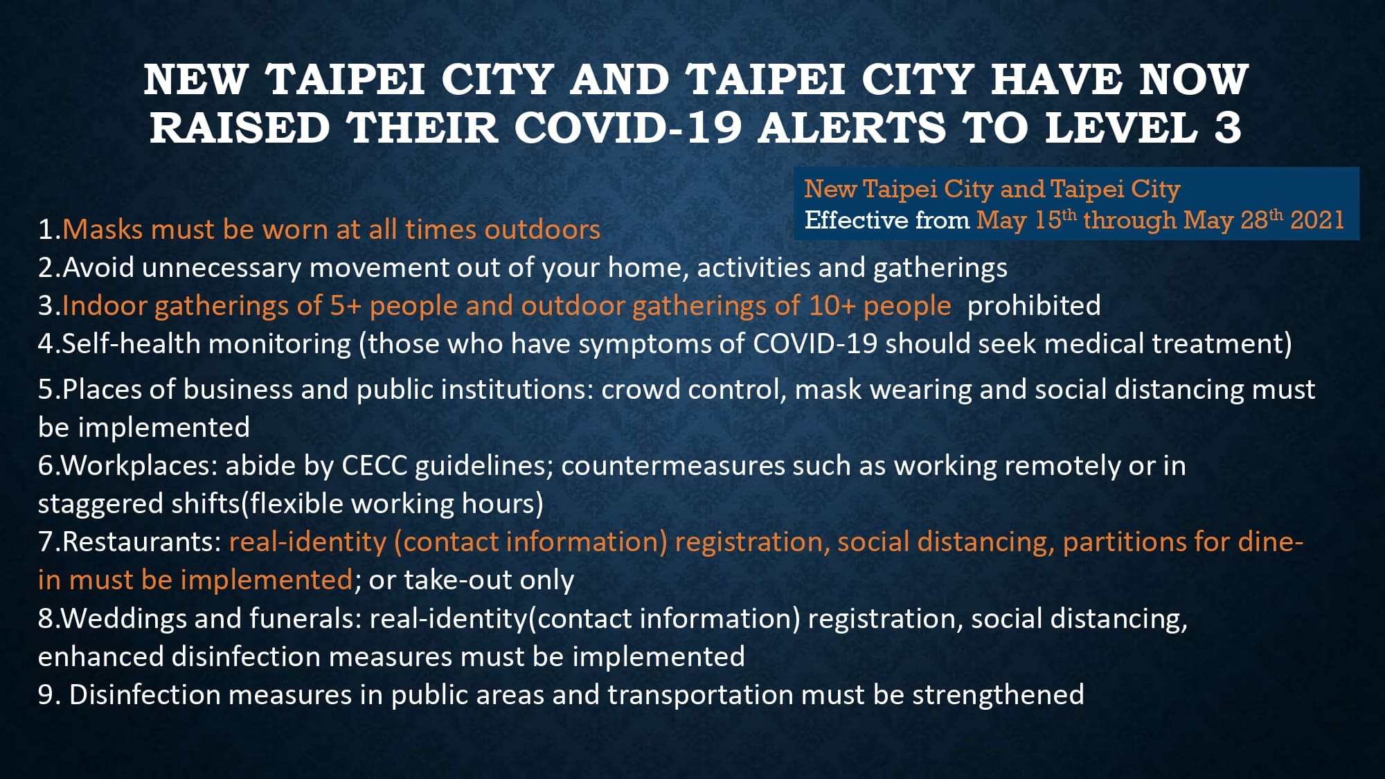 Disease control countrywide: New Taipei City and Taipei City have now raised COVID-19 alerts to Level 3. Image courtesy of Executive Yuan. 