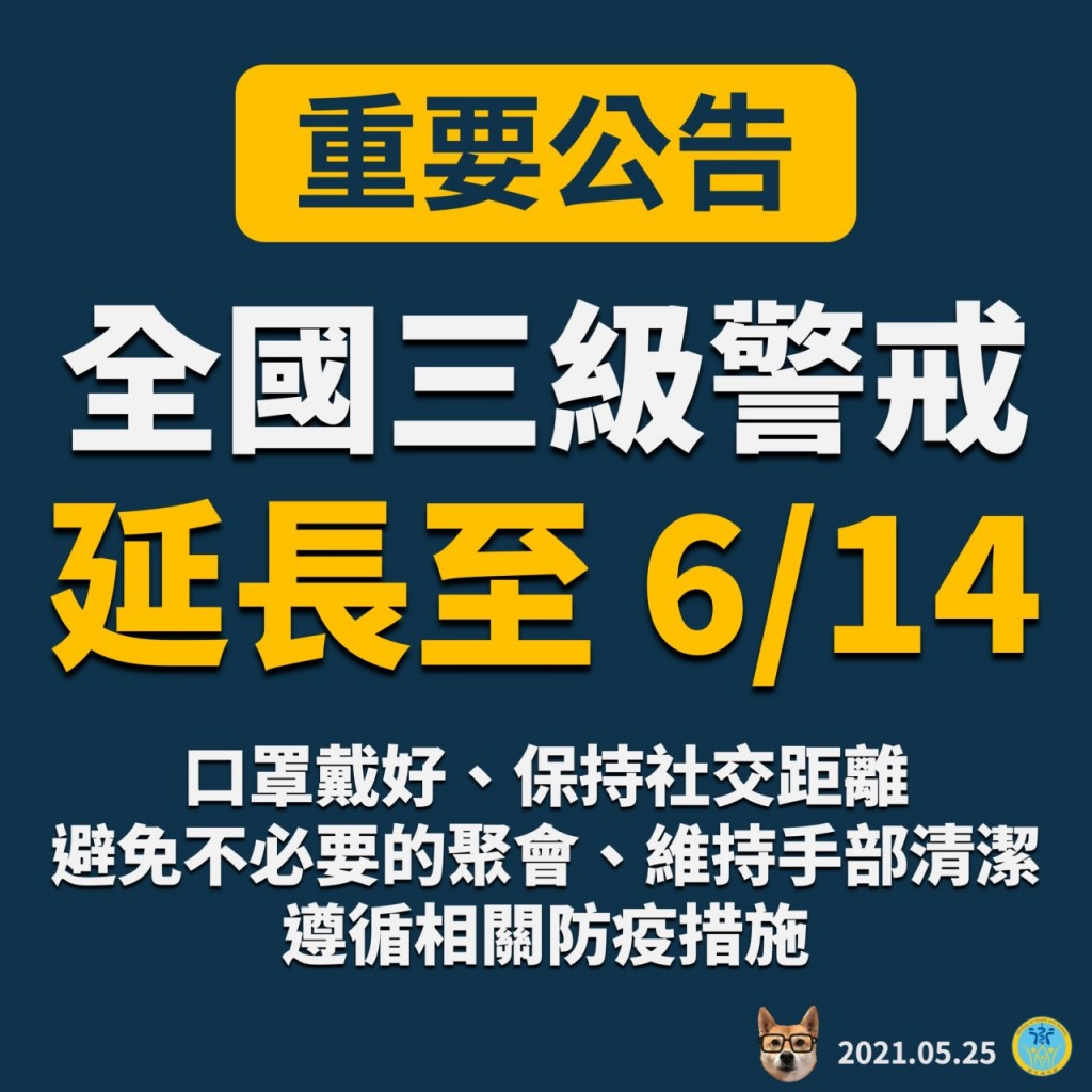Dịch bệnh chưa có dấu hiệu thuyên giảm, Đài Loan ra thông báo kéo dài cảnh báo dịch bệnh cấp độ 3 đến ngày 14/6. (Nguồn ảnh: Trung tâm Chỉ huy và phòng chống dịch bệnh Trung ương Đài Loan)