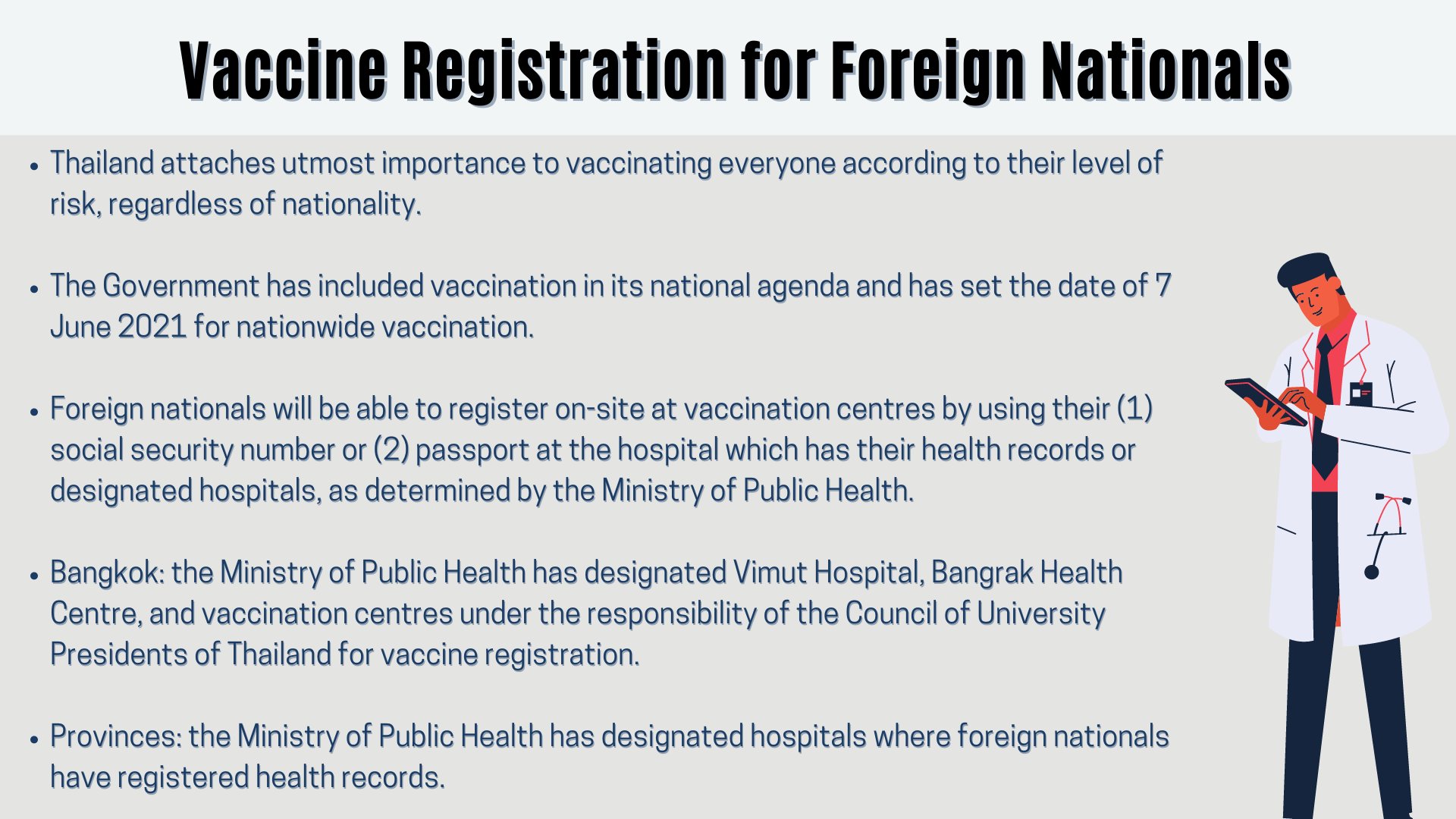 6月7日起，在泰的外籍人士可用社會安全碼或護照登記免費施打疫苗。　圖／翻攝自＜Bangkok Post＞