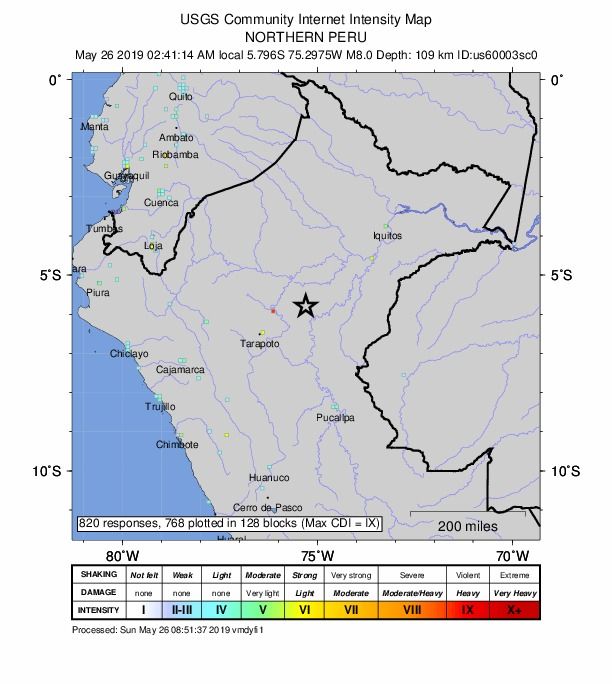 秘魯拉古納斯(Lagunas)東南方約70公里處，上亞馬遜省(Alto Amazonas)擁有1萬2,000名人口的城市，26日凌晨發生規模8.0強震，搖晃時間長達127秒，許多地方都有感受到地震的搖晃。(照片來源：@bomberosPE pic.twitter.com/miV5ak8Gf6)