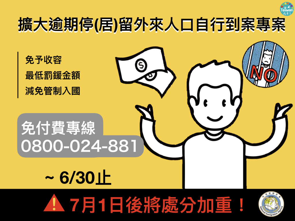 擴大逾期停(居)留外來人口自行到案專案，7月1日將處分加重