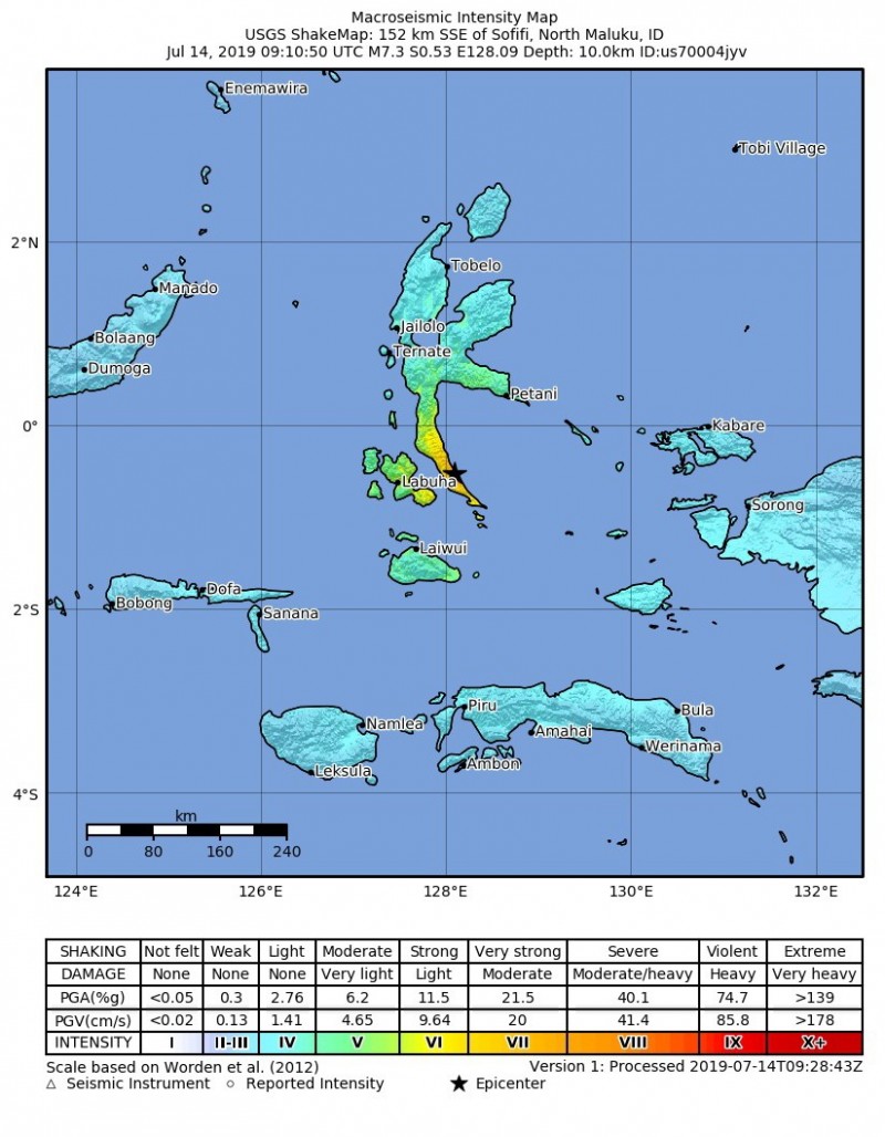 Pada hari Minggu, 14 Juli sore, Provinsi Maluku di Indonesia diguncang gempa 7,3 Skala Richter (sumber: Survei Geologi Amerika Serikat)