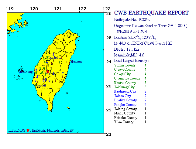 Magnitude 4.6 temblor rattles Taiwan's Chiayi County.(CWB map of today's quake.)