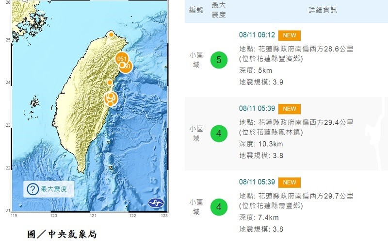 Eastern Taiwan is hit by three earthquakes on August 11 (Image from CWB)