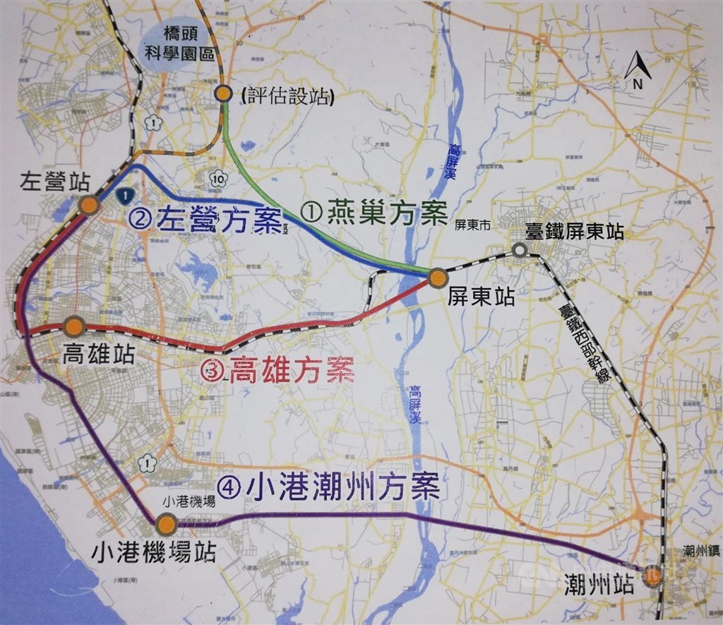 Map showing four proposed routes for HSR extension to Pingtung. (CNA image)