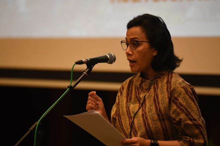 Menteri Keuangan Sri Mulyani saat memberikan sambutan pelantikan 25 pejabat eselon II di Kantor Kemenkeu,Jakarta, Senin