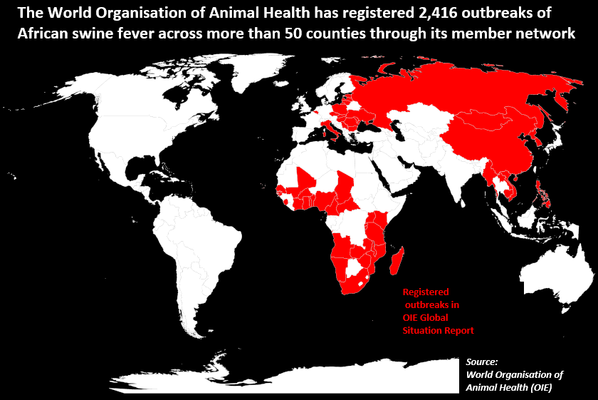 Map of outbreaks if African swine fever in globe. Attribute: World Organization of Animal Health (OIE)