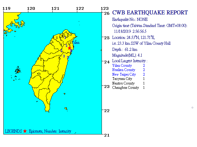 CWB map of today's 4.1 quake.