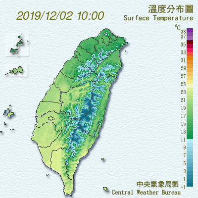 ลมมรสุมตะวันออกเฉียงเหนือมีกำลังแรงขึ้น ภาคเหนืออุณหภูมิต่ำสุด 13 องศา วันพฤหัสนี้อาจมีหิมะตกบนภูเขาสูง (ภาพจาก กรมอุตินิยมวิทยาไต้หวัน)