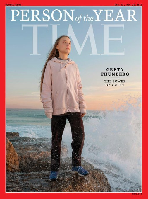 เกรตา ธันเบิร์ก (Greta Thunberg) เด็กหญิงชาวสวีเดนนักเคลื่อนไหวที่เรียกร้องให้มีการต่อสู้กับการเปลี่ยนแปลงสภาพภูมิอากาศทั่วโลกได้รับเลือกให้เป็นบุคคลแห่งปีของนิตยสารไทม์ (ภาพจาก นิตยสารไทม์)