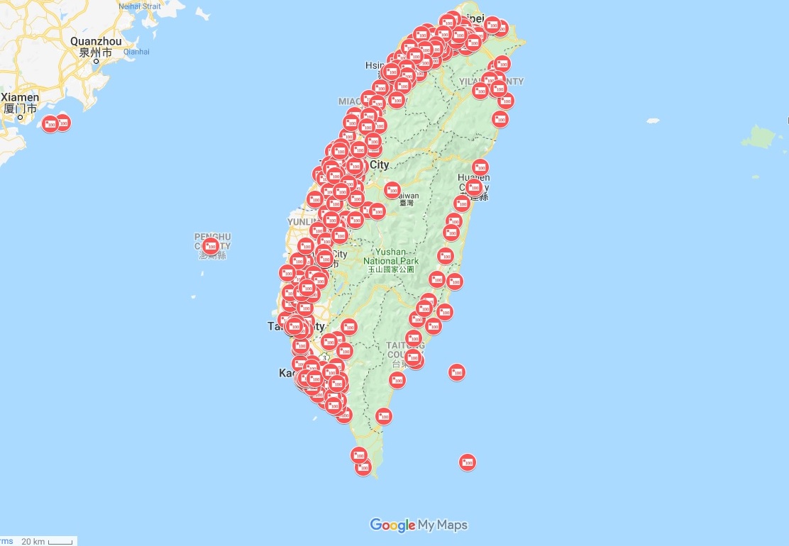 แผนที่ Google แสดงสถาบันการเงินทั่วไต้หวันรวม 454 แห่ง ที่เปิดแลกธนบัตรใหม่รับตรุษจีนเริ่ม 16 ม.ค.นี้ (ภาพจาก Google Map)