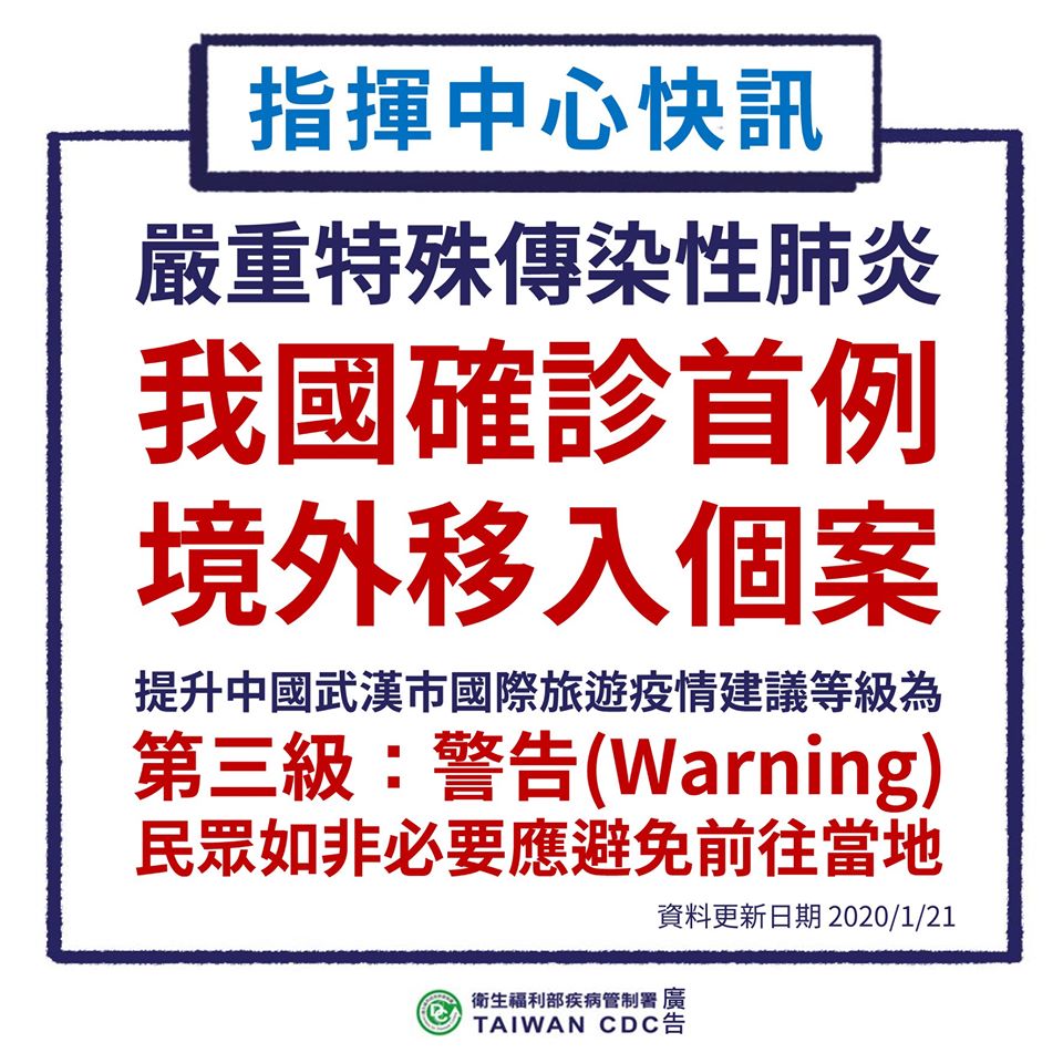  ไต้หวันพบผู้ป่วยโรคปอดอักเสบรุนแรงจากไวรัสโคโลนาสายพันธุ์ใหม่ ศูนย์บัญชาการกลางการแพร่ระบาดของโรคได้ประกาศยกระดับคำแนะนำต่อสถานการณ์การแพร่ระบาดของโรคสำหรับผู้ที่จะเดินทางไปท่องเที่ยวในเมืองหวู่ฮั่นประเทศจีนเป็นระดับที่ 3 (ภาพจาก กรมควบคุมโรคไต้หวัน)