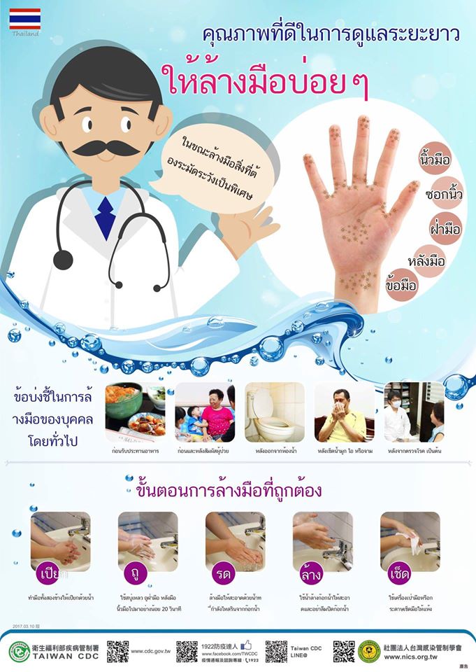 คู่มือรักษาสุขอนามัยมือของคนทั่วไปเวอร์ชั่นภาษาไทย (ภาพจาก เฟสบุ๊คกระทรวงสาธารณะสุขไต้หวัน)