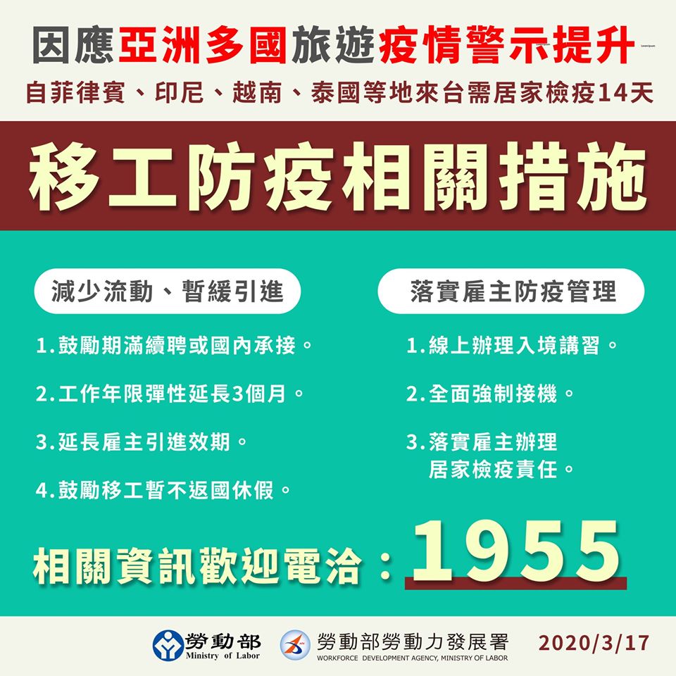 移工來源國疫情升至第3級，勞動部推出強化防疫管理措施(翻攝自勞動部臉書)