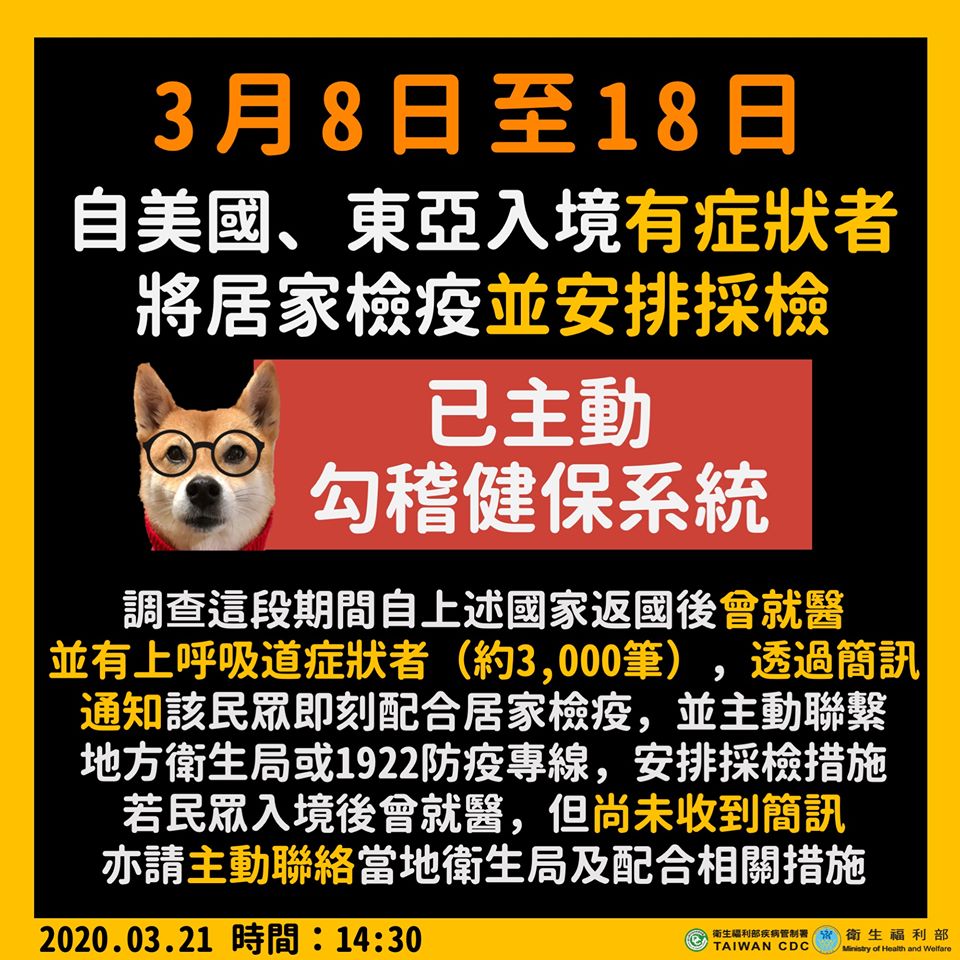 3月8日至18日自美國、東亞入境有症狀者，將居家檢疫並安排採檢。(衛生福利部提供)