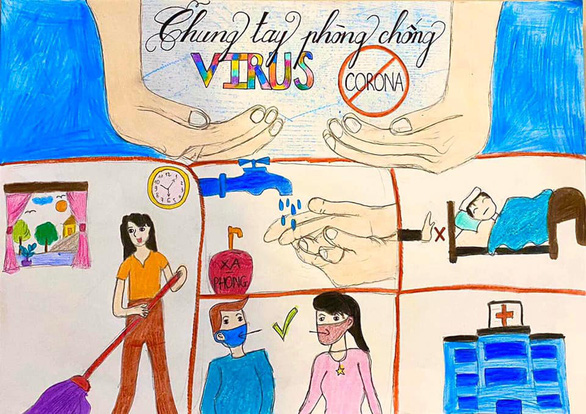 Bức tranh của em Nguyễn Võ Khánh Hân (lớp 9/2) với những hình ảnh rất cụ thể kêu gọi chung tay về phòng chống dịch - Ảnh: NGUYỄN THÔNG
