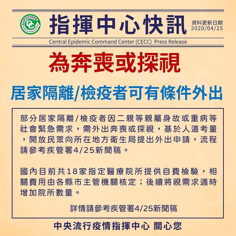 基於人道考量為奔喪或探視，居家隔離、檢疫者可有條件外出。(疾病管制署提供)