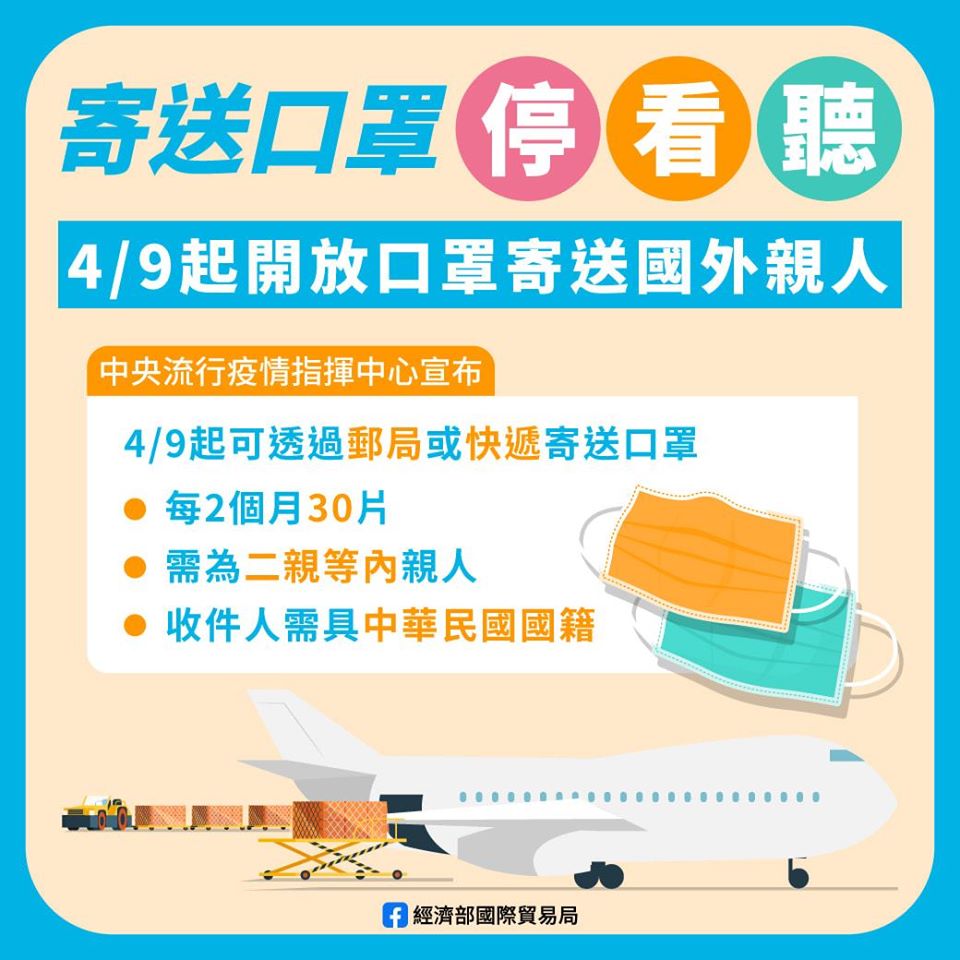 4月9日寄送口罩給國外親屬流程，經濟部說明(翻攝自經濟部國貿局臉書)