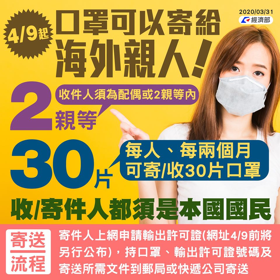 From April 9, people will be allowed to mail surgical masks to overseas relatives. Source: Ministry of Economic Affairs (MOEA) 