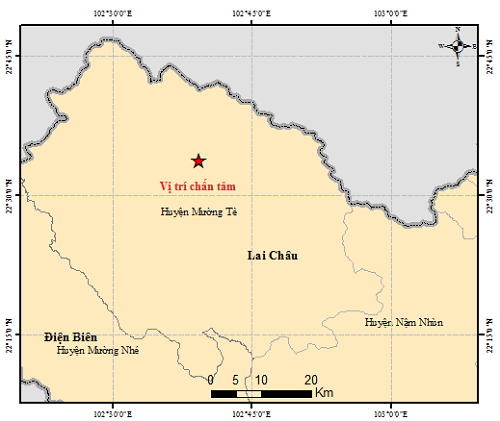 Vị trí tâm chấn của trận động đất chiều nay ở Lai Châu. Nguồn: Trung tâm báo tin động đất và cảnh báo sóng thần