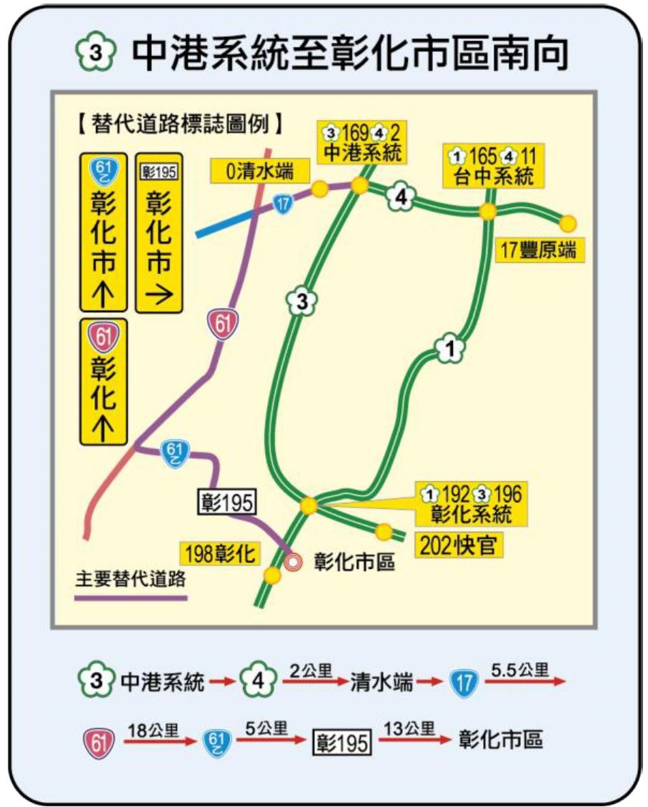 國3中港系統至彰化市區南向替代道路圖(翻攝自交通部網站)