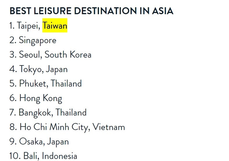 กรุงไทเปได้รับรางวัล Best Leisure Destination อันดับที่หนึ่ง  3 ปีซ้อน 