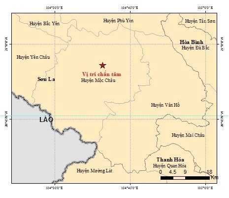 Trận động đất thứ 3 trong ngày 27/7 xảy ra tại Mộc Châu, Sơn La vào khoảng 15 giờ 52 phút (giờ Hà Nội)