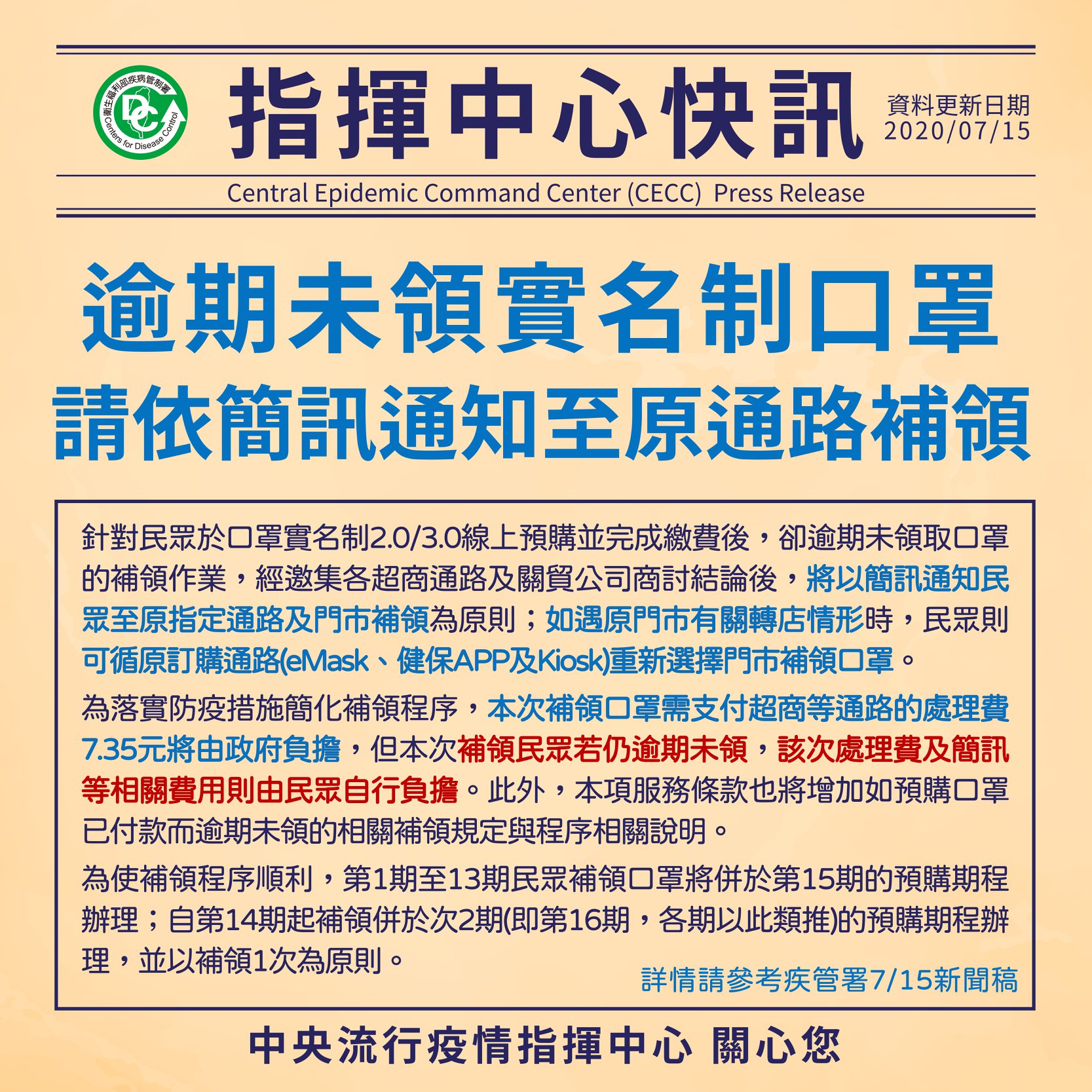 民眾若有逾期未領實名制口罩可依簡訊通知至原指定通路補領。（照片來源：疾管局臉書）