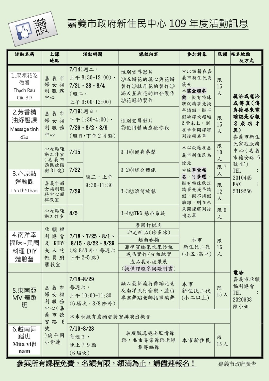 109年嘉義市新住民暑期活動訊息