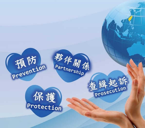 藍心行動的4個P： Prevention(預防)、Protection(保護)、Prosecution(查緝起訴)及 Partnership(夥伴關係）終止人口販運(移民署提供)